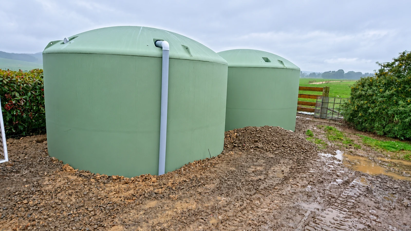 Large green water tanks at a rural property