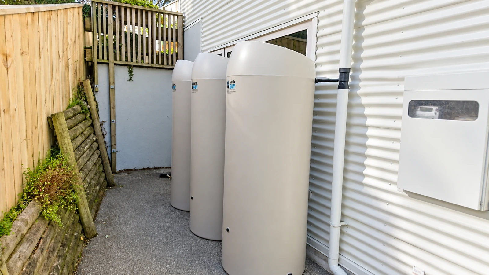 Slimline water tanks and downpipe connections beside a home