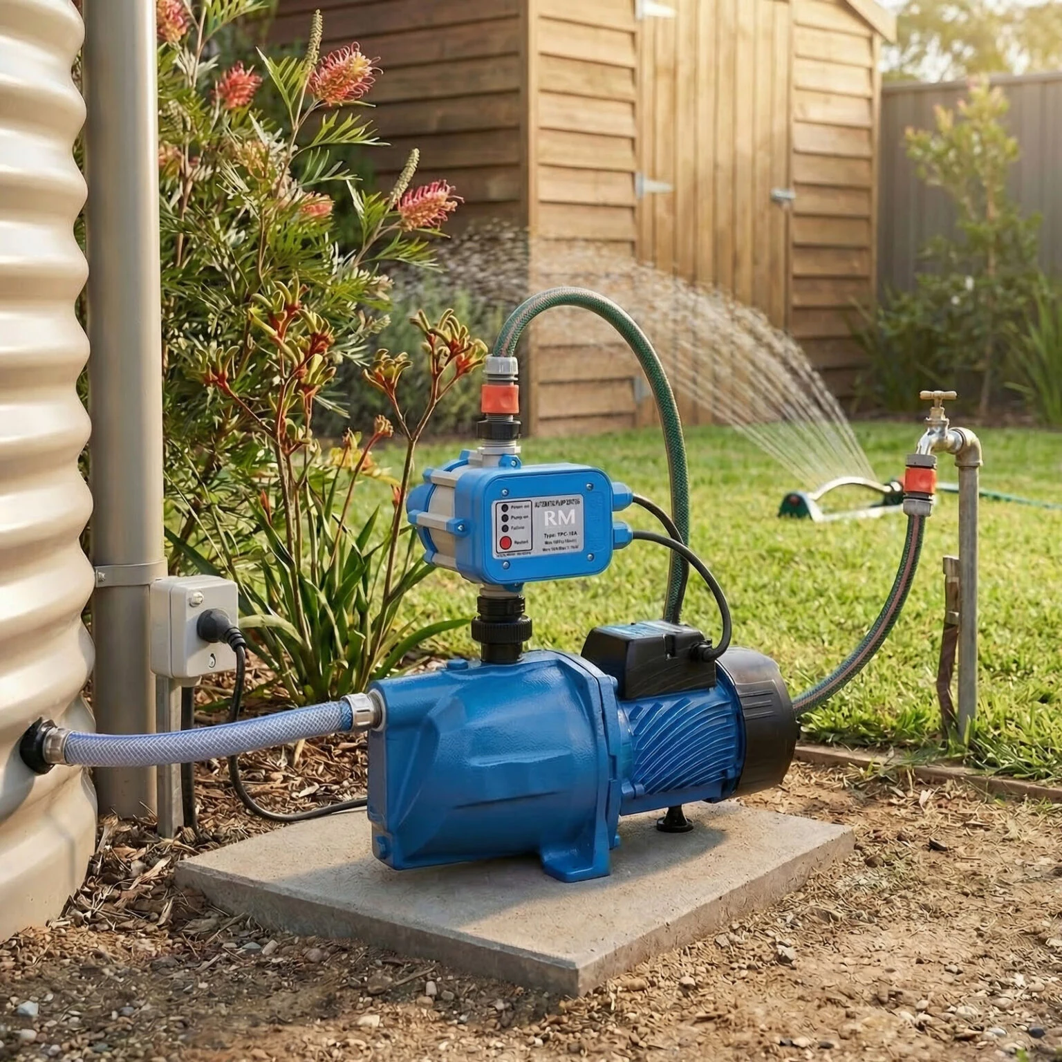 Blue water pump connected to a storage tank